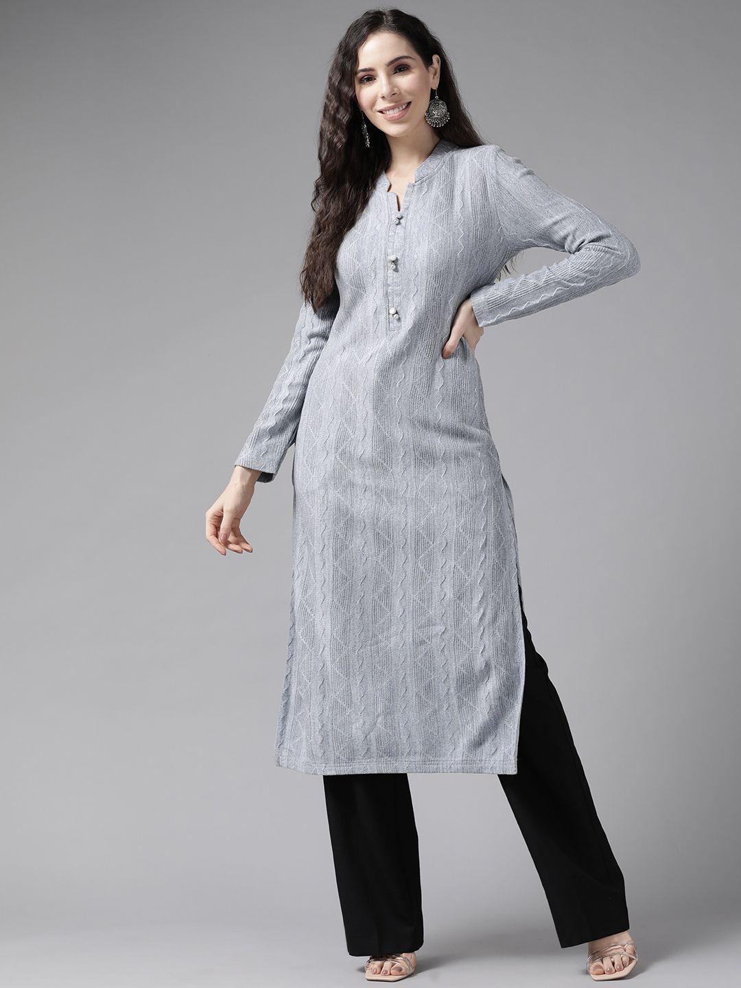 cayman women grey knitted striped winter kurta