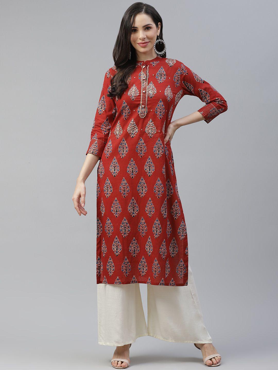 cayman women maroon & blue ethnic motifs printed thread work kurta