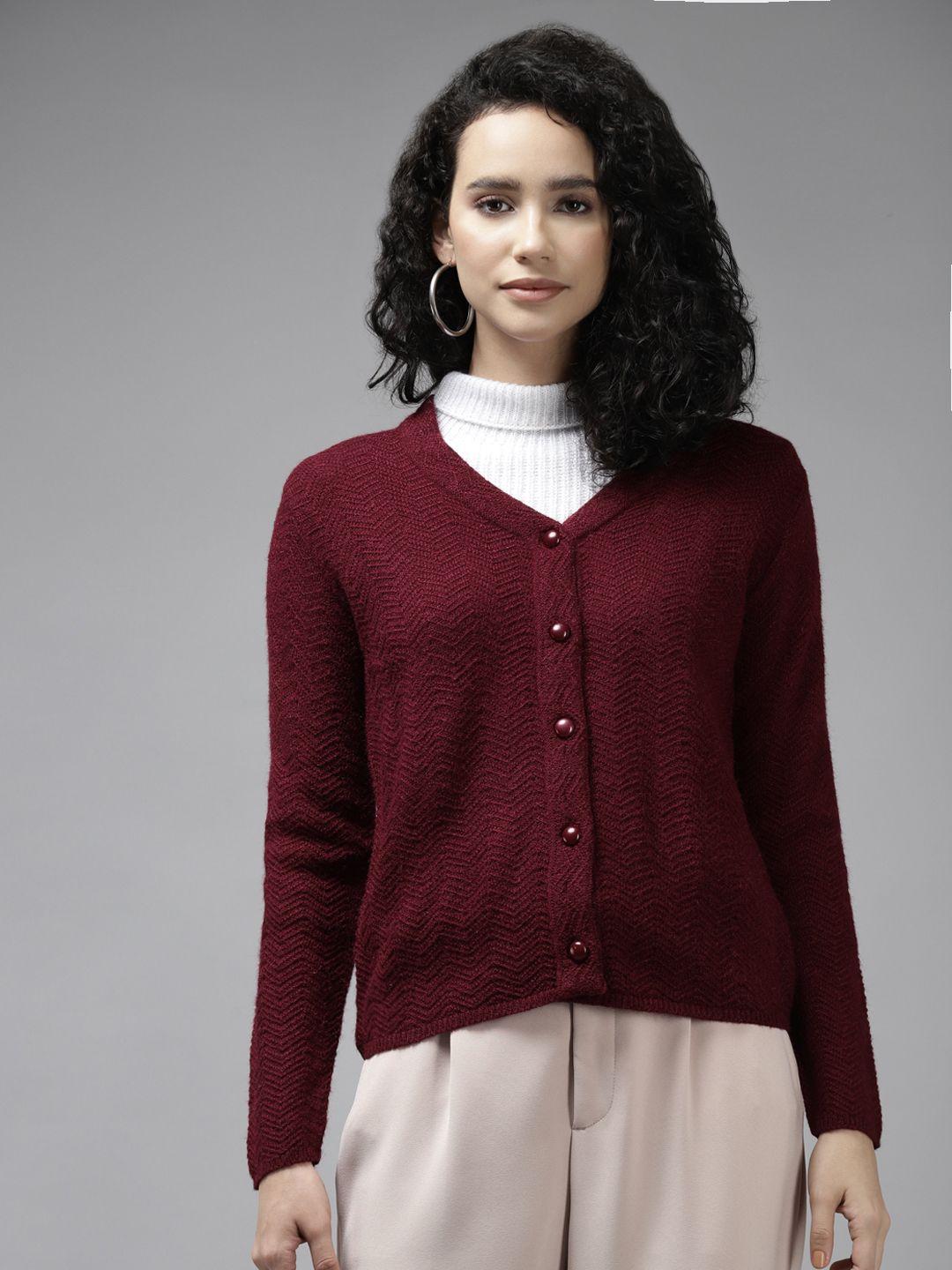 cayman women maroon chevron knitted wool cardigan