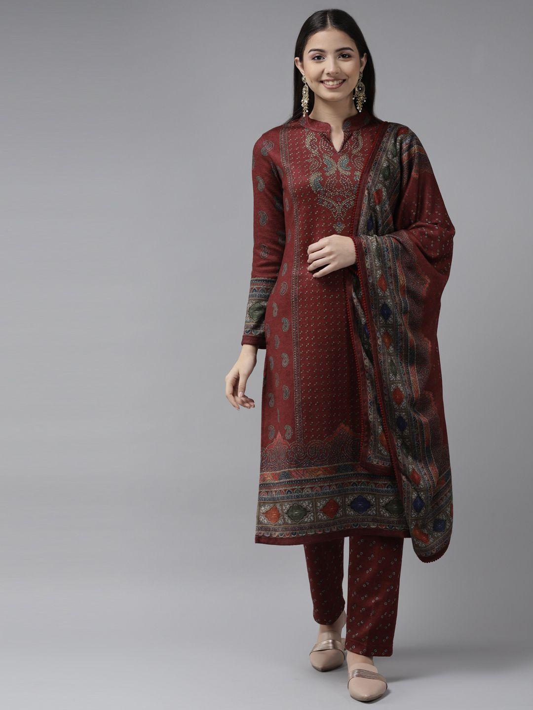 cayman women maroon ethnic motifs beads and stones winter kurta with trousers & dupatta