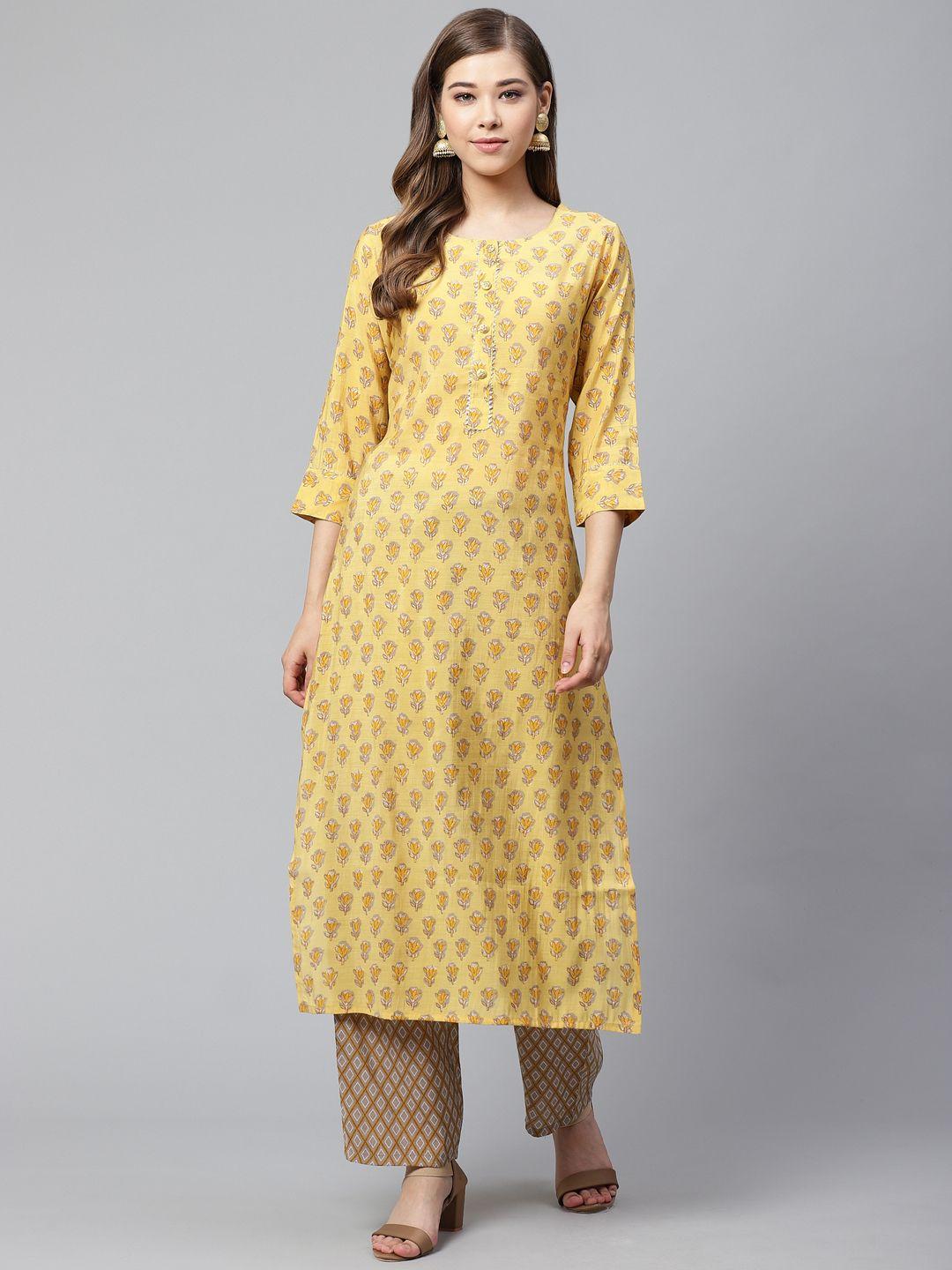 cayman women mustard yellow & grey printed kurta with palazzos