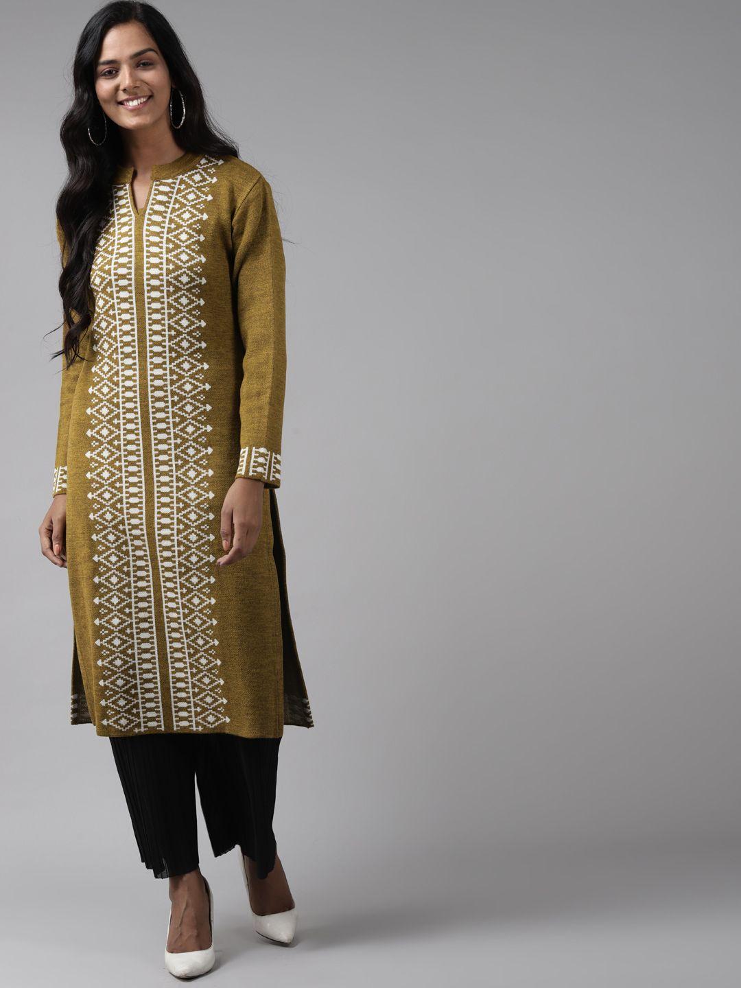 cayman women mustard yellow & white printed woven design kurta