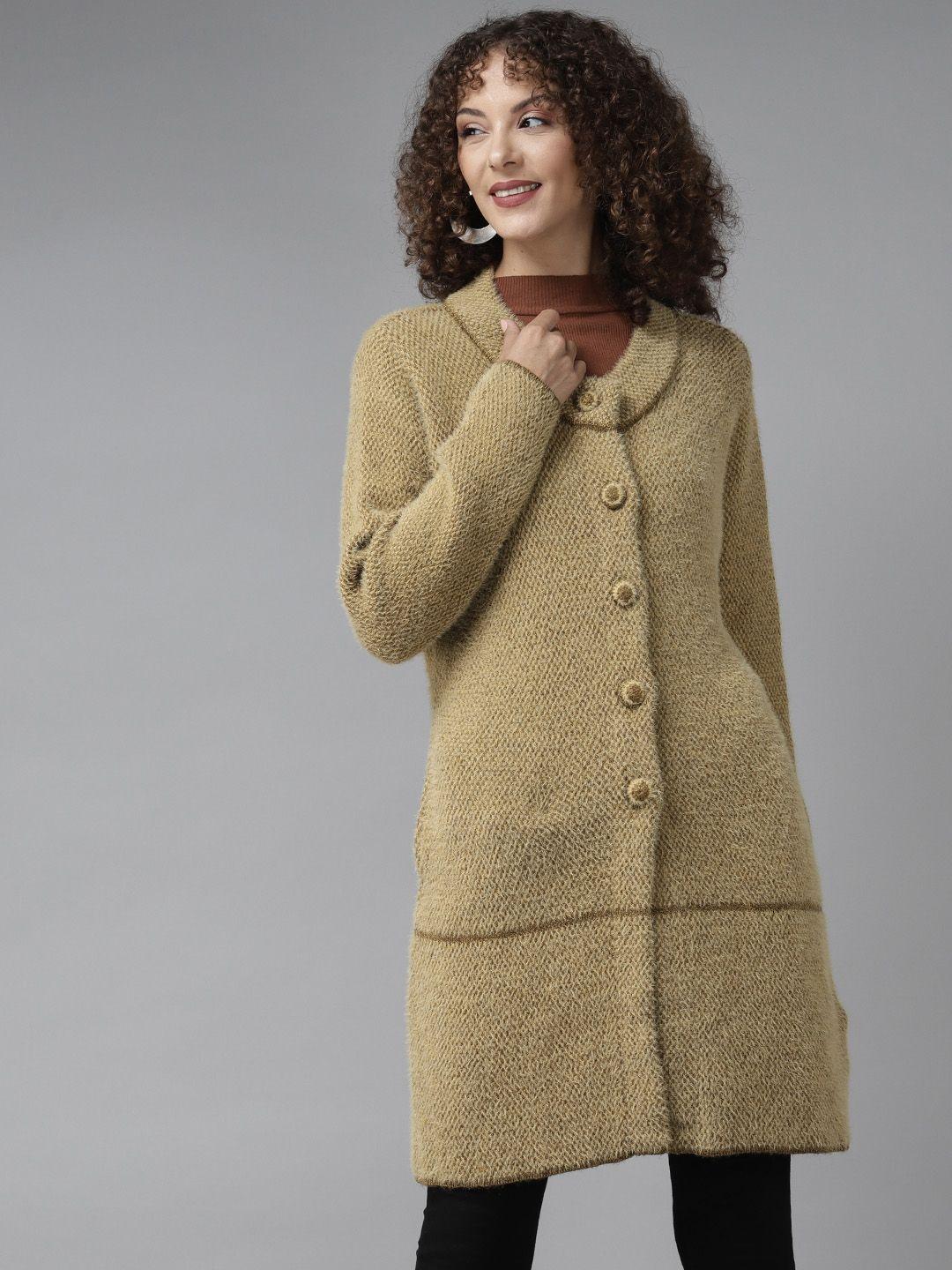 cayman women mustard yellow self design fuzzy woollen longline cardigan