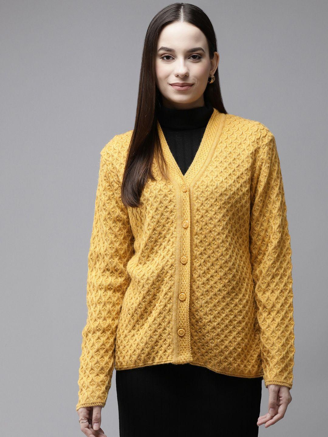 cayman women mustard yellow self design woollen cardigan