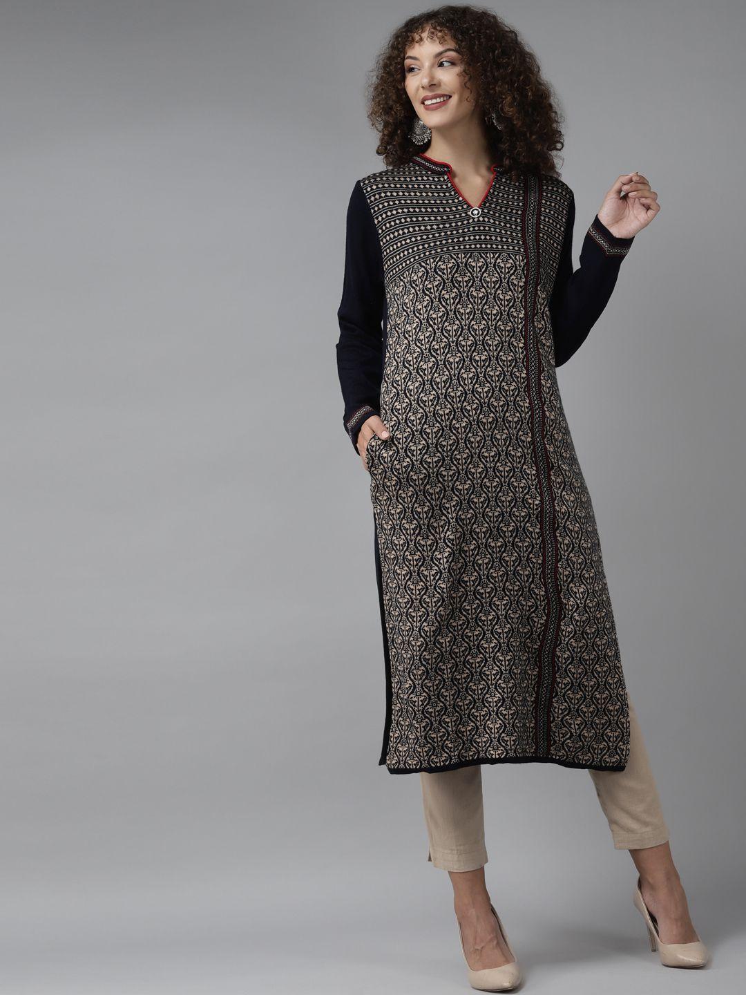 cayman women navy blue & beige woollen woven design straight winterkurta