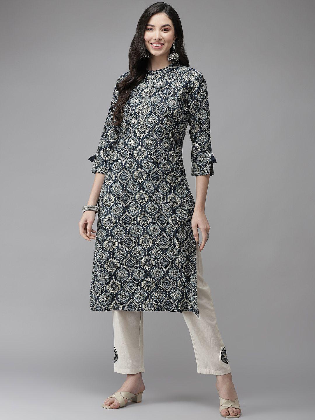 cayman women navy blue ethnic motifs printed pure cotton kurta with trousers