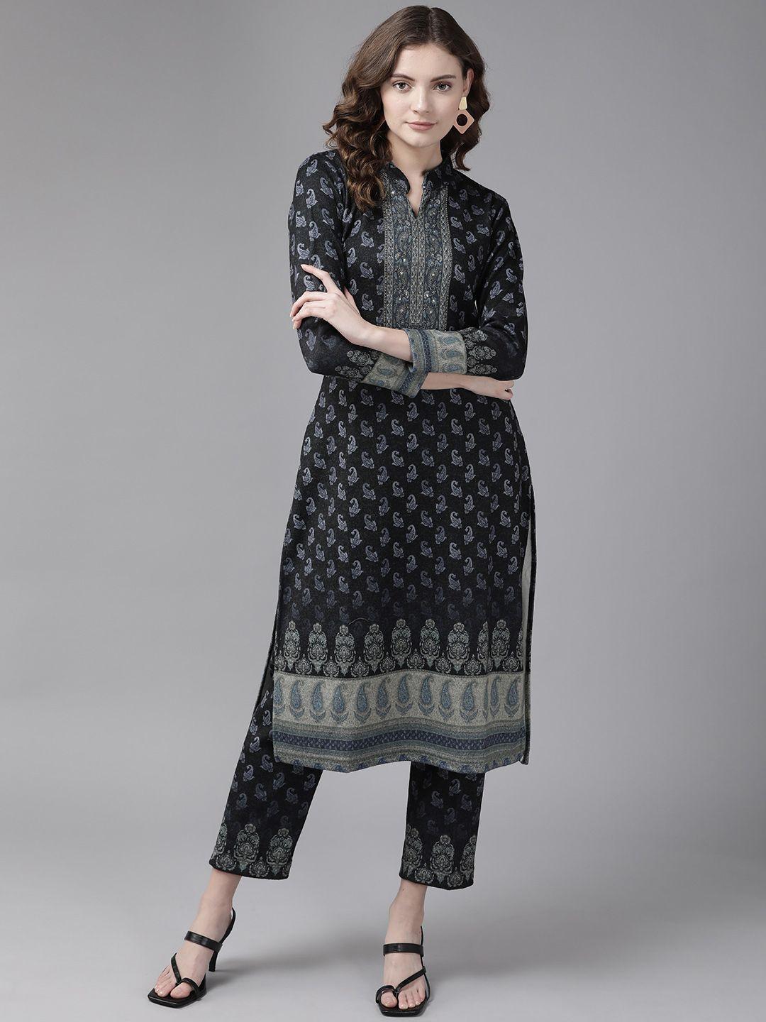 cayman women navy blue ethnic motifs printed pure wool kurta with trousers