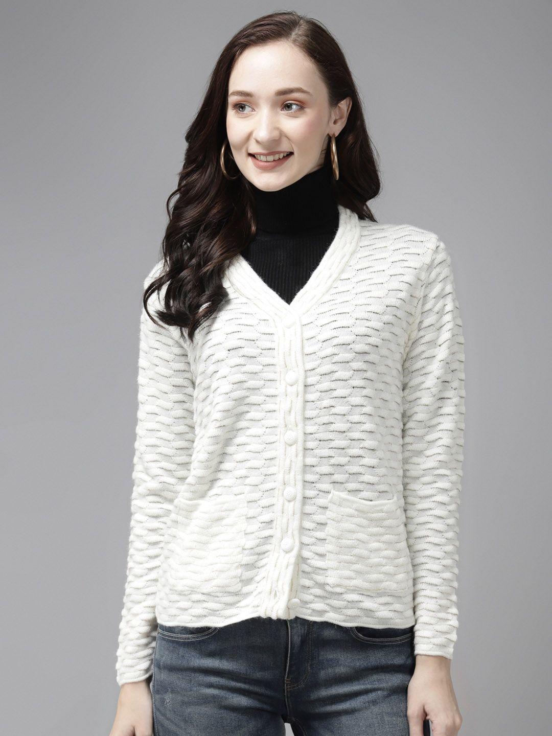 cayman women off white woollen self design cardigan