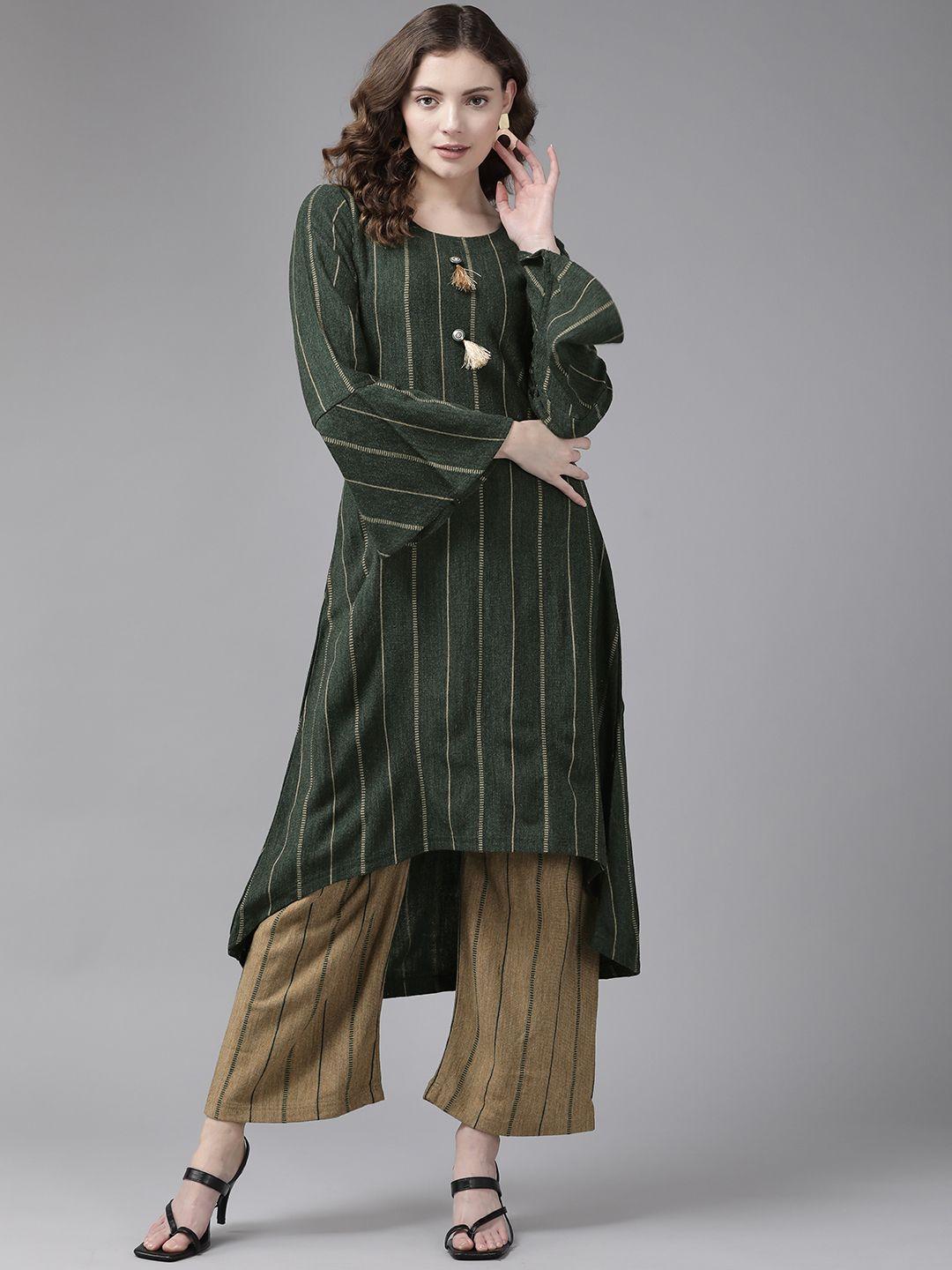 cayman women olive green & khakhi knitted woollen kurta with trousers