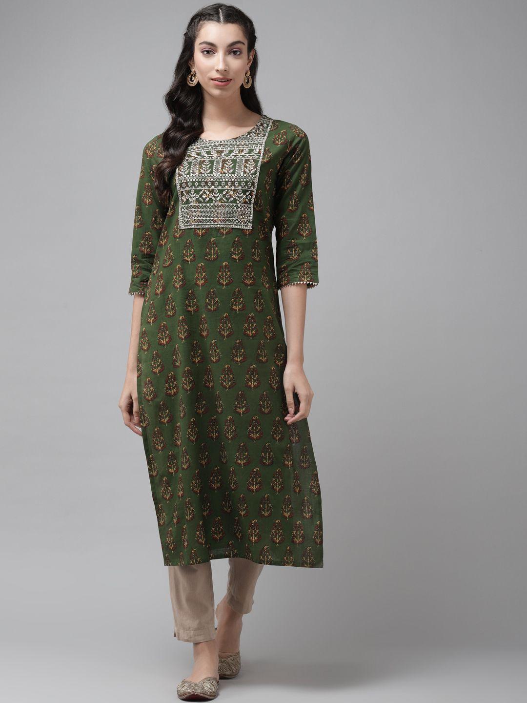 cayman women olive green & maroon ethnic motifs printed thread work straight kurta