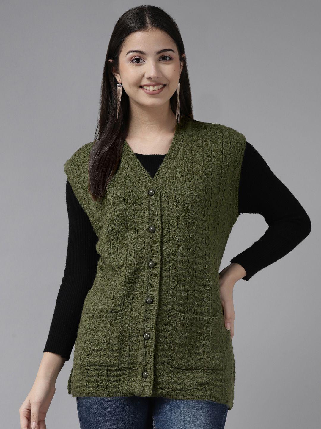 cayman women olive green cable knit woollen cardigan