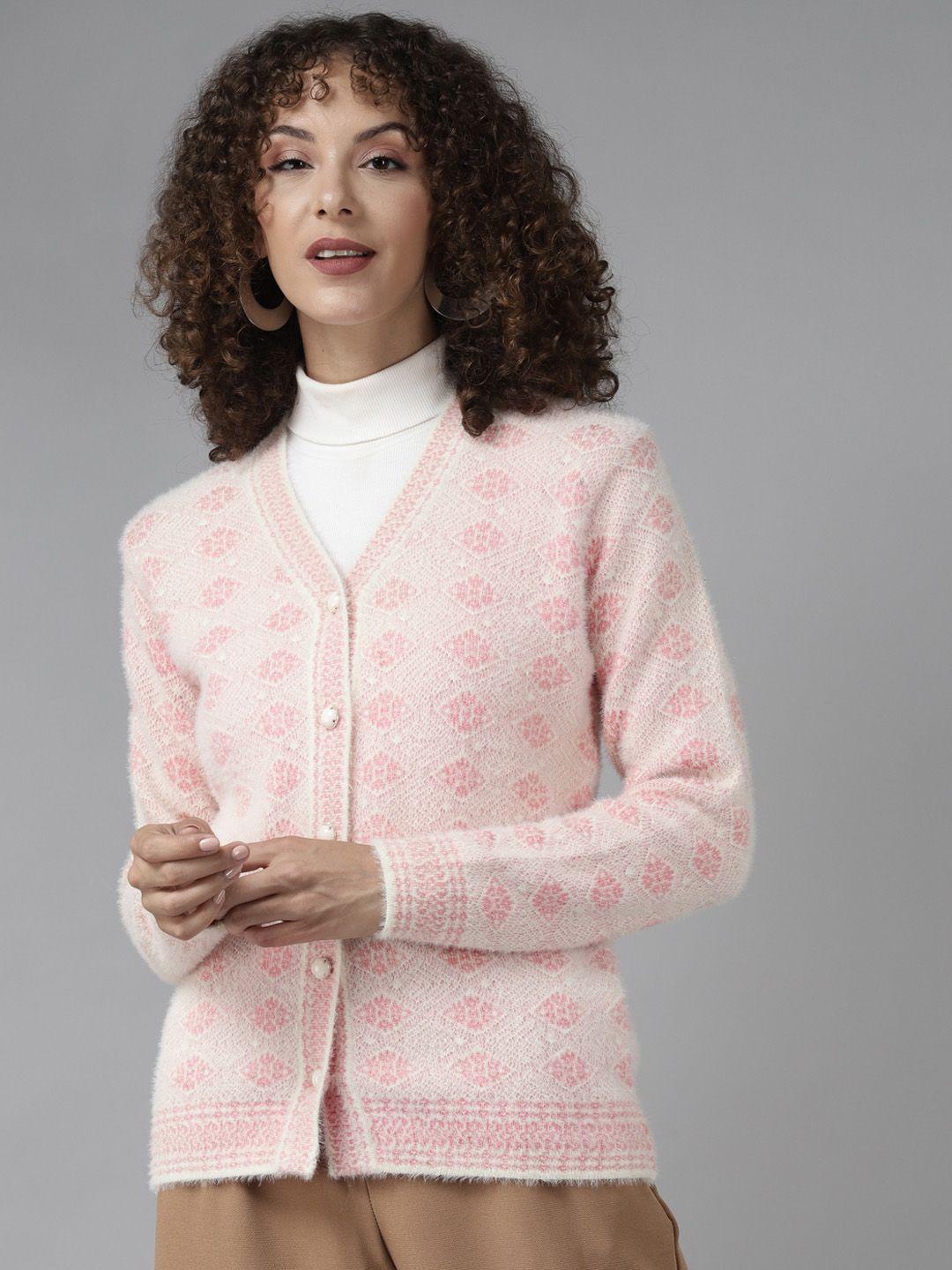 cayman women pink & off white fuzzy self design woollen cardigan