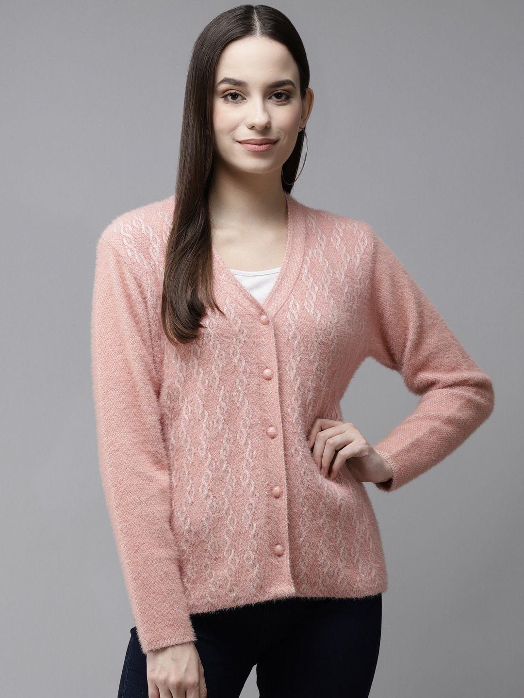 cayman women pink & white fuzzy self design woollen cardigan