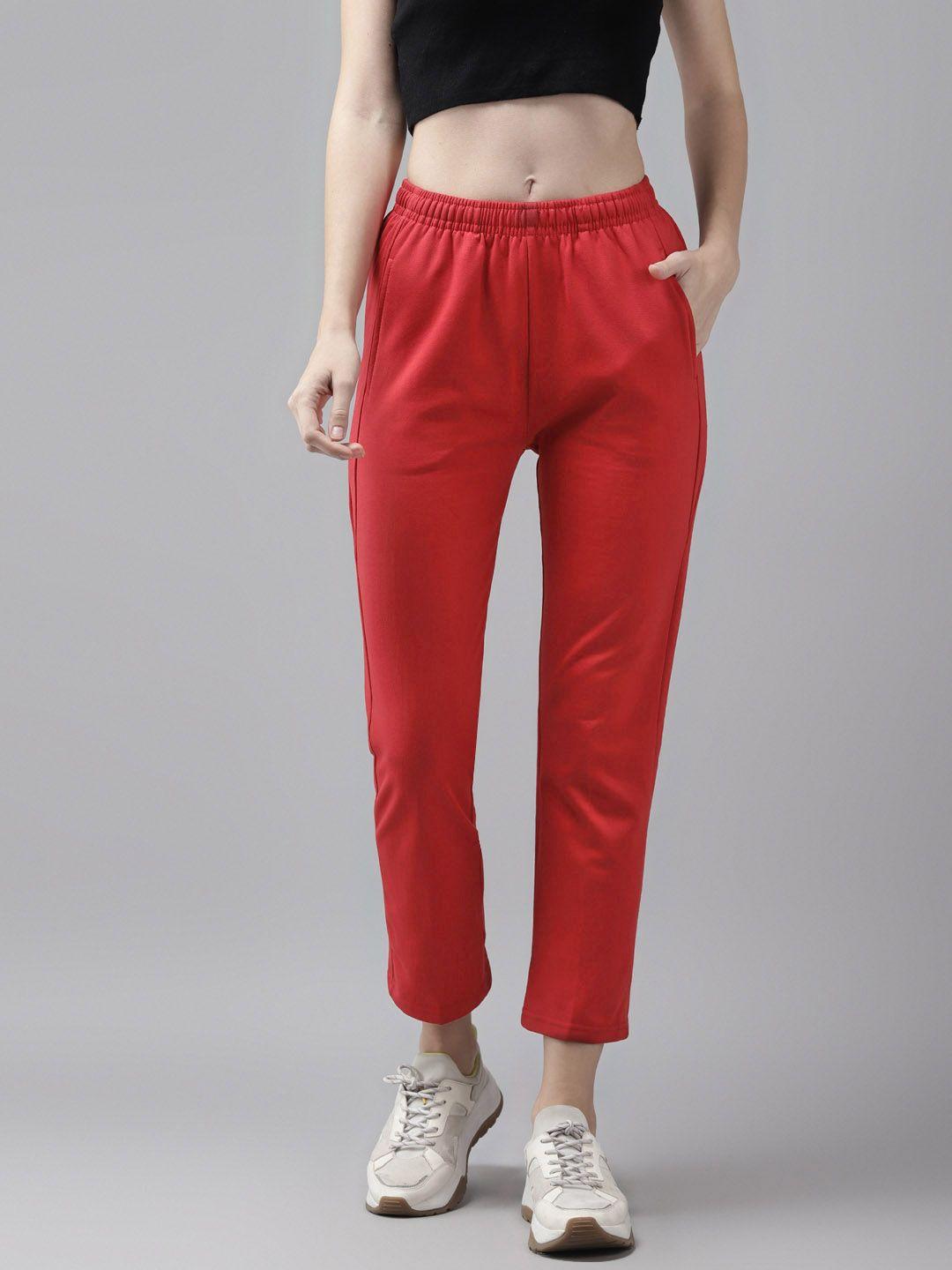 cayman women red solid cotton cropped track pants