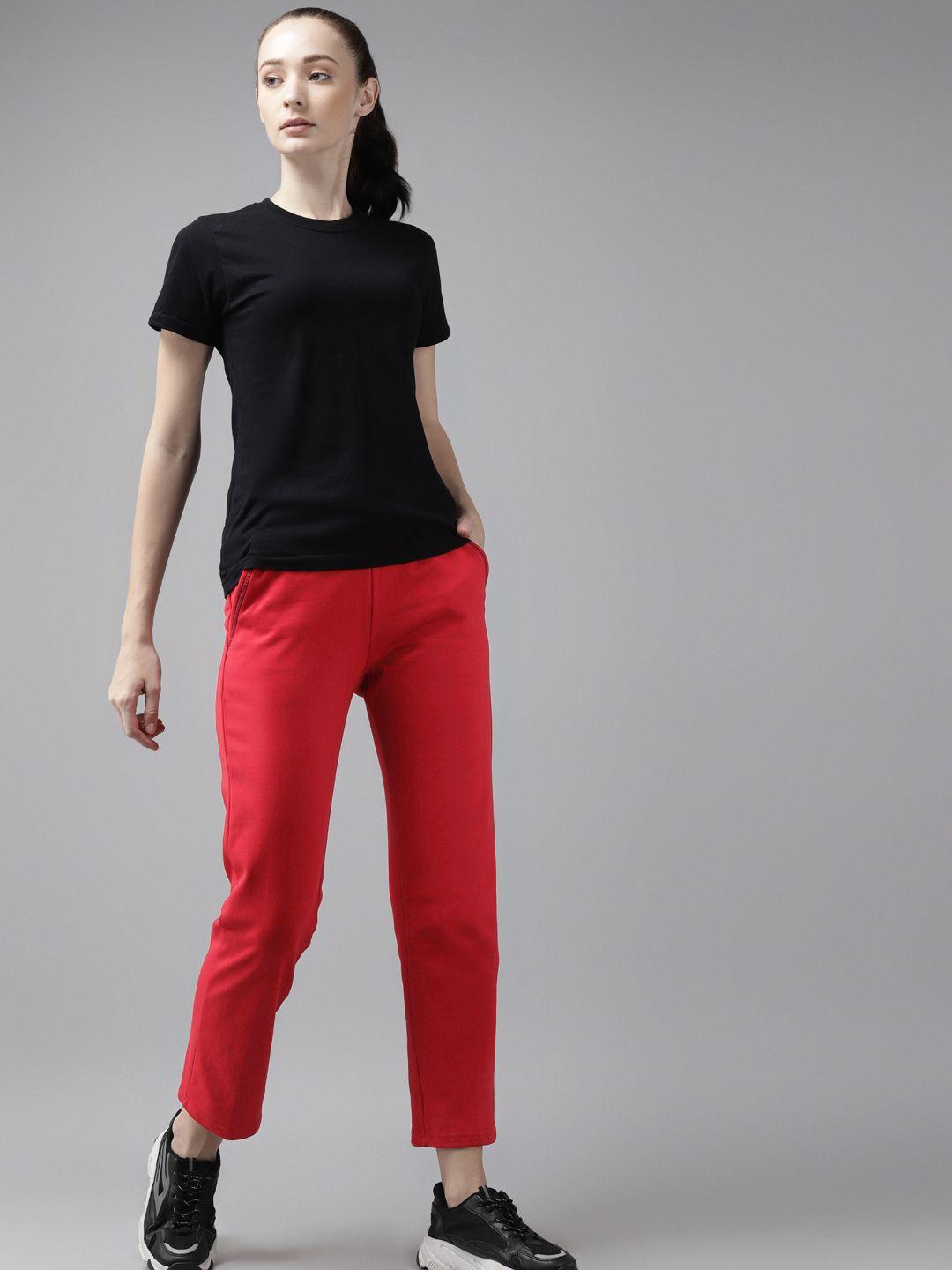 cayman women red solid pure cotton straight fit cropped track pants