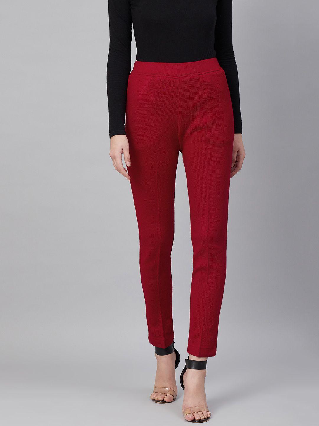 cayman women red solid regular fit trousers