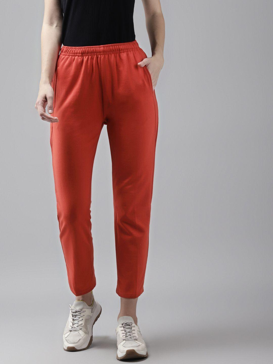 cayman women rust orange solid pure cotton straight fit cropped track pants