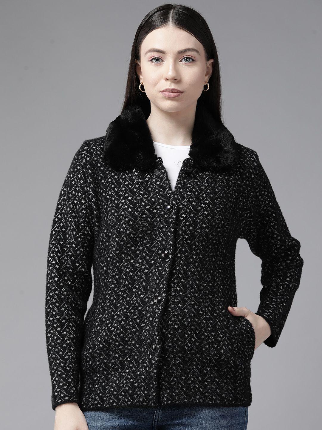 cayman women self design woollen cardigan with faux fur detail