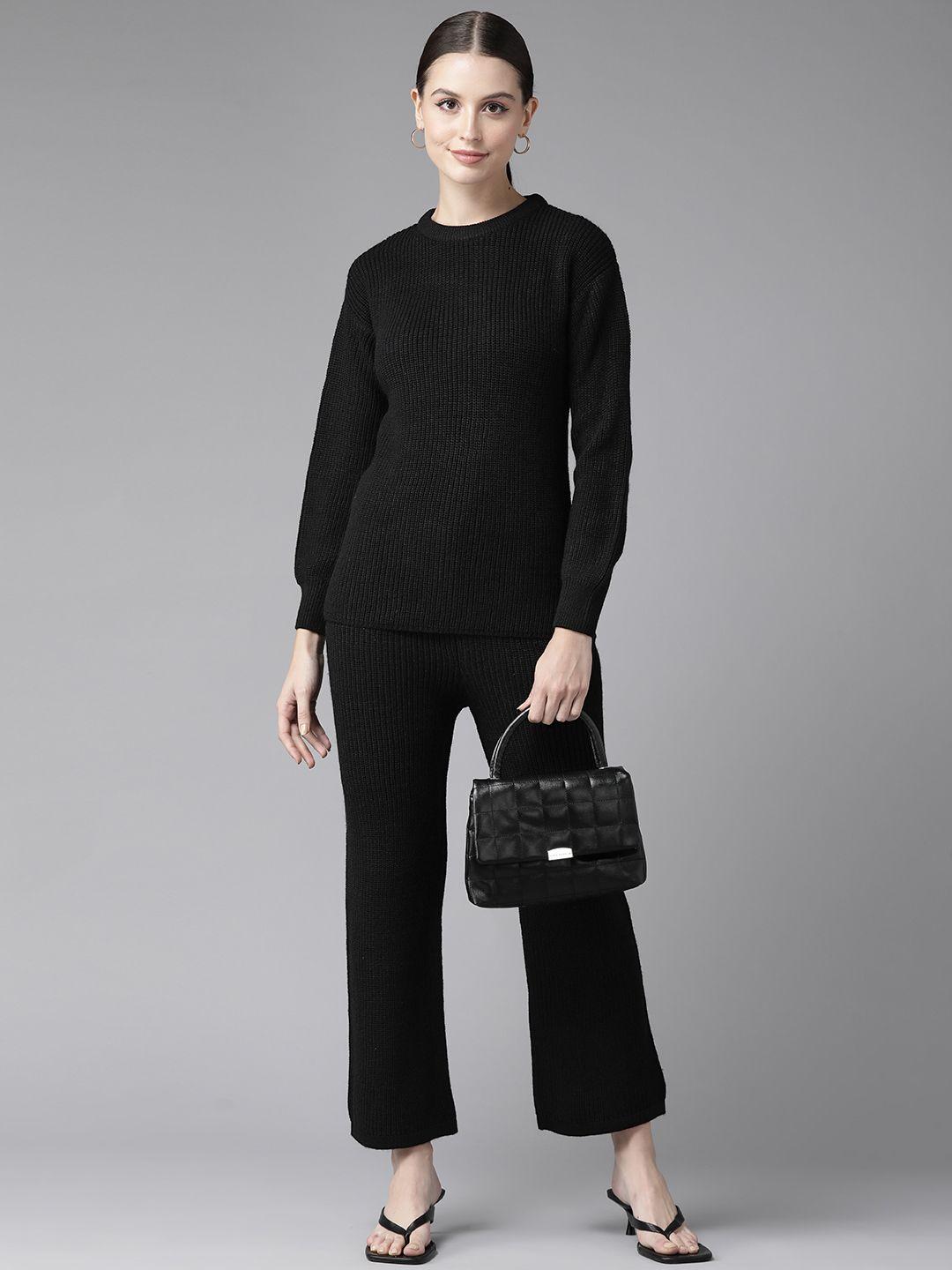 cayman women solid knitted ribbed acrylic sweater with trousers