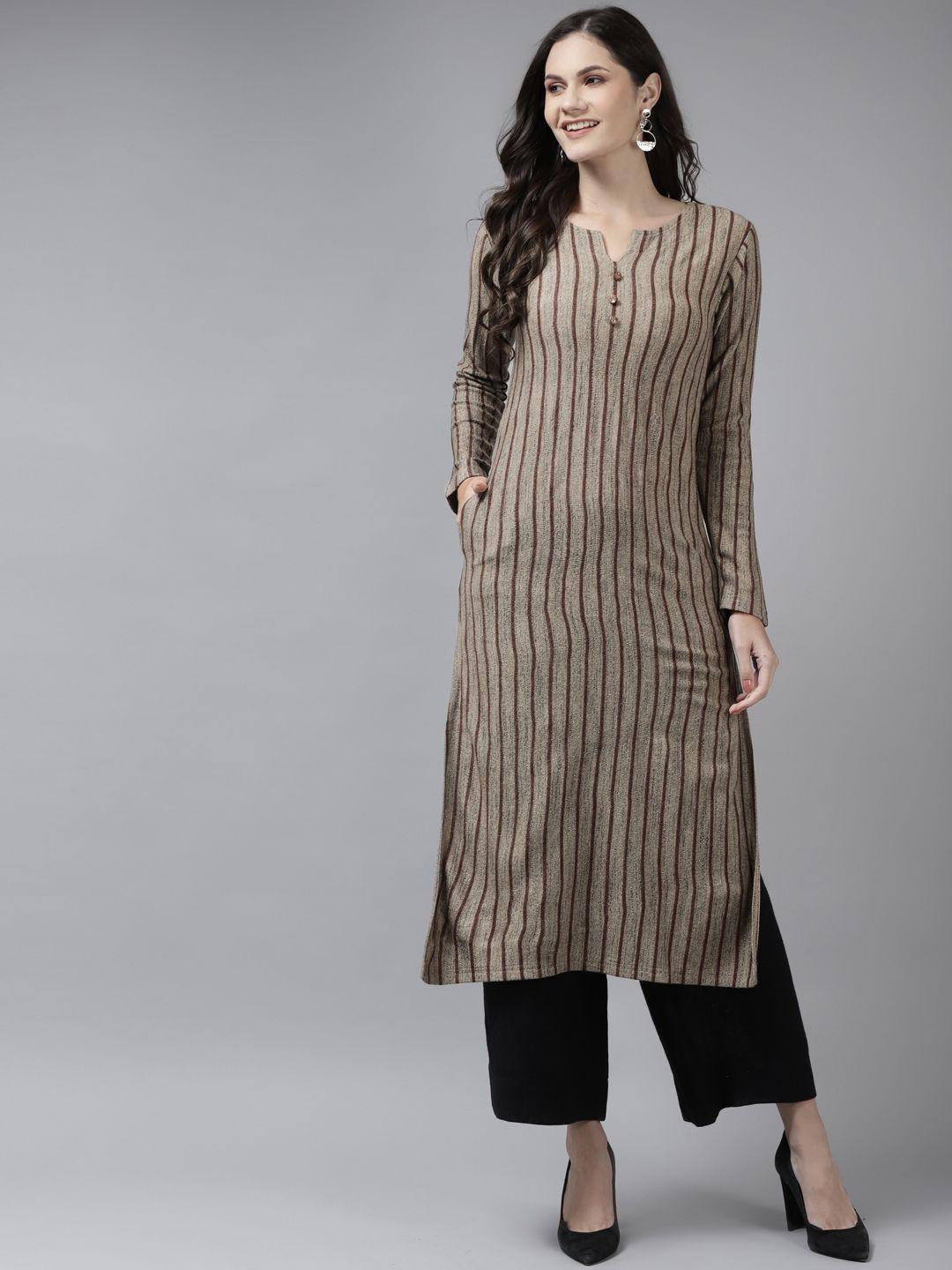 cayman women taupe printed woollen kurta