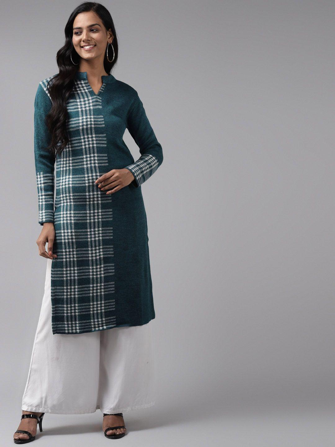 cayman women teal & white  woven design woollen kurta