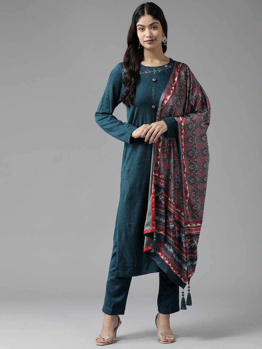 cayman women teal floral printed regular pure wool kurta with trousers & with dupatta