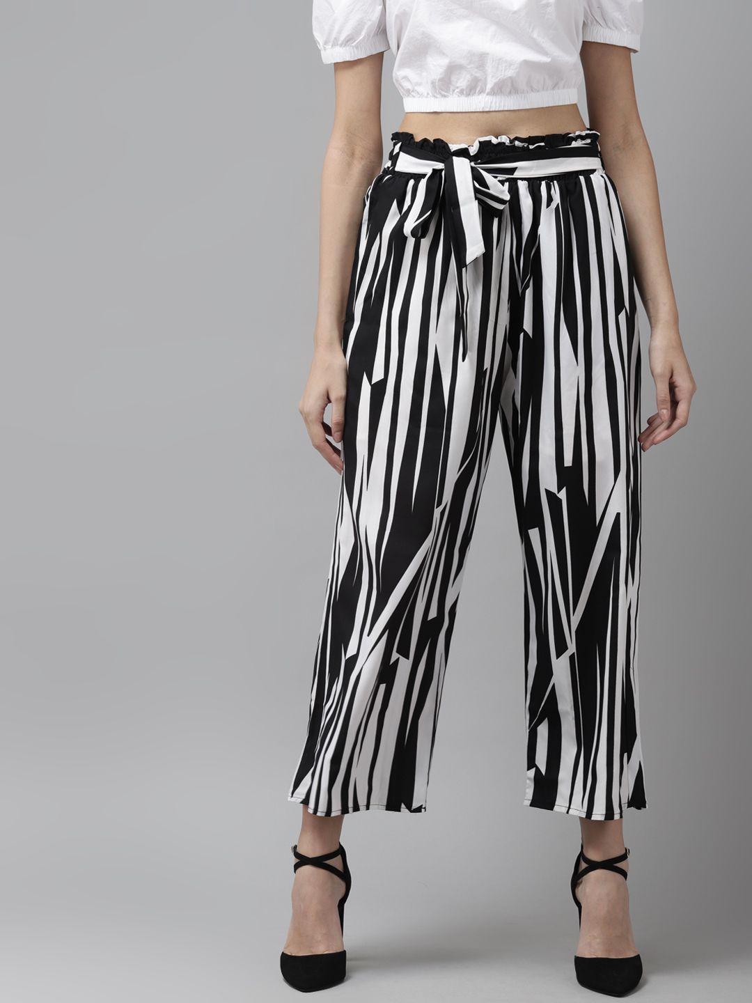 cayman women white & black regular fit printed cropped peg trousers