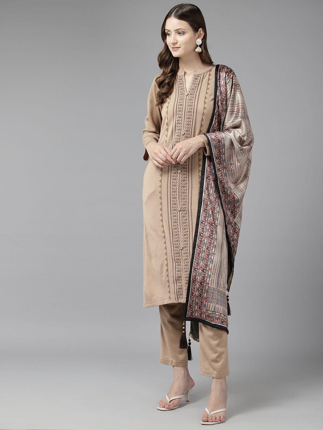 cayman woven design regular pure wool kurta with trousers & dupatta