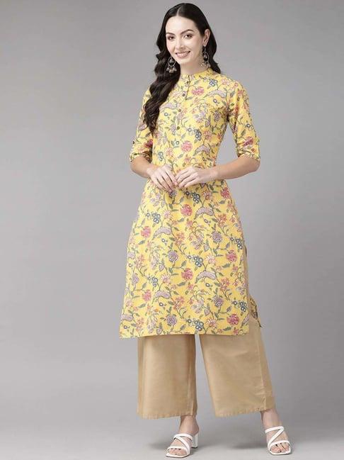 cayman yellow cotton floral print straight kurta