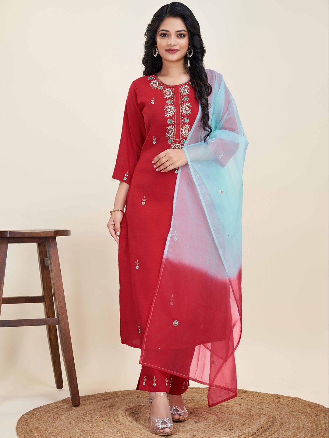 cbazaar floral embroidered beads and stones straight kurta with trousers & dupatta