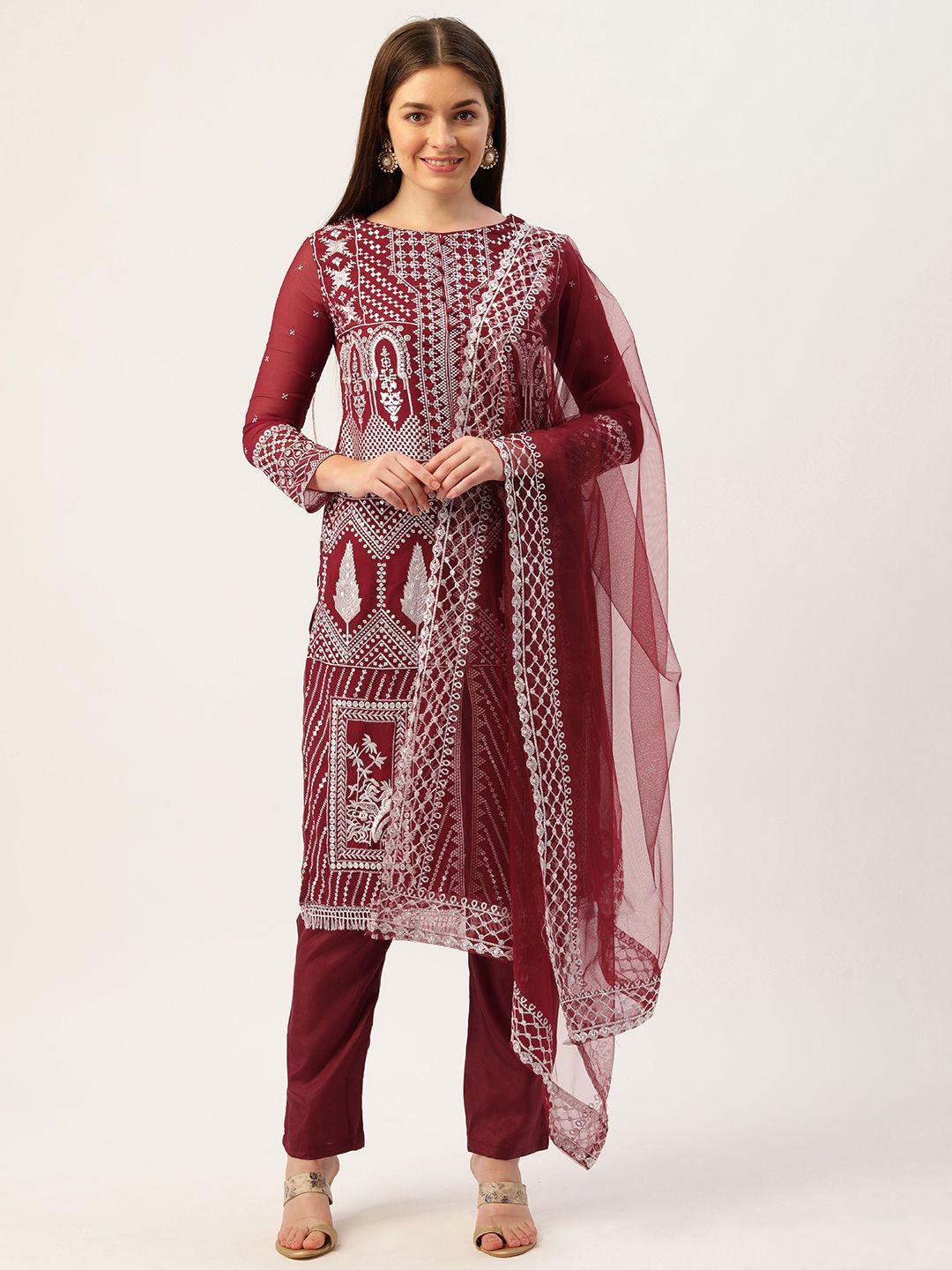cbazaar maroon & white embroidered unstitched dress material