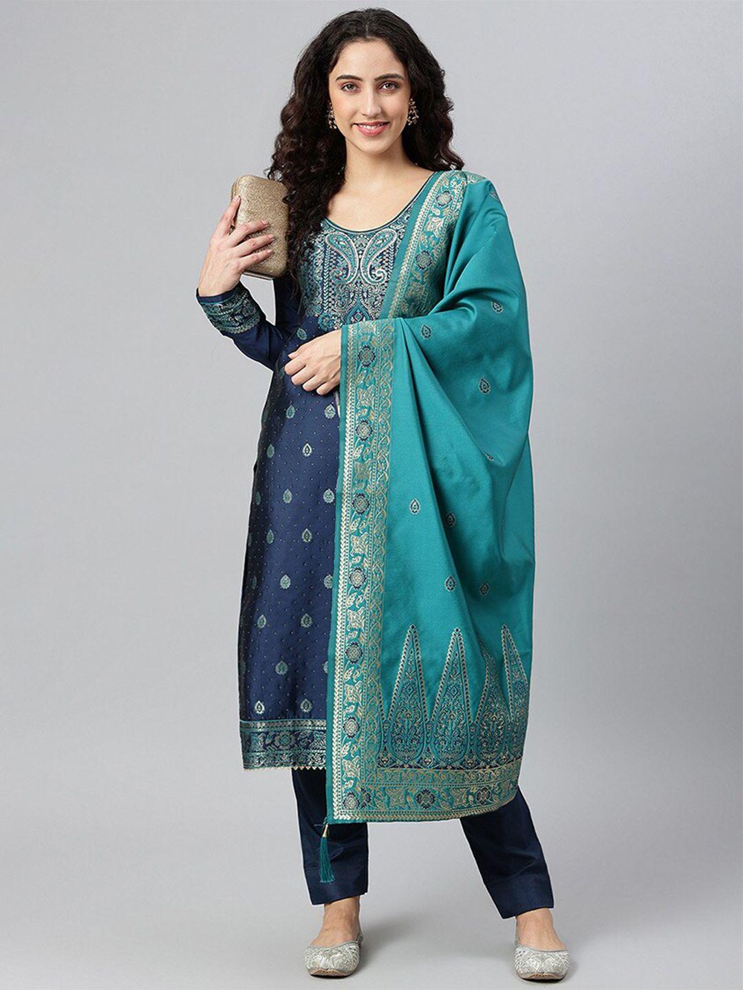 cbazaar navy blue & turquoise blue unstitched dress material