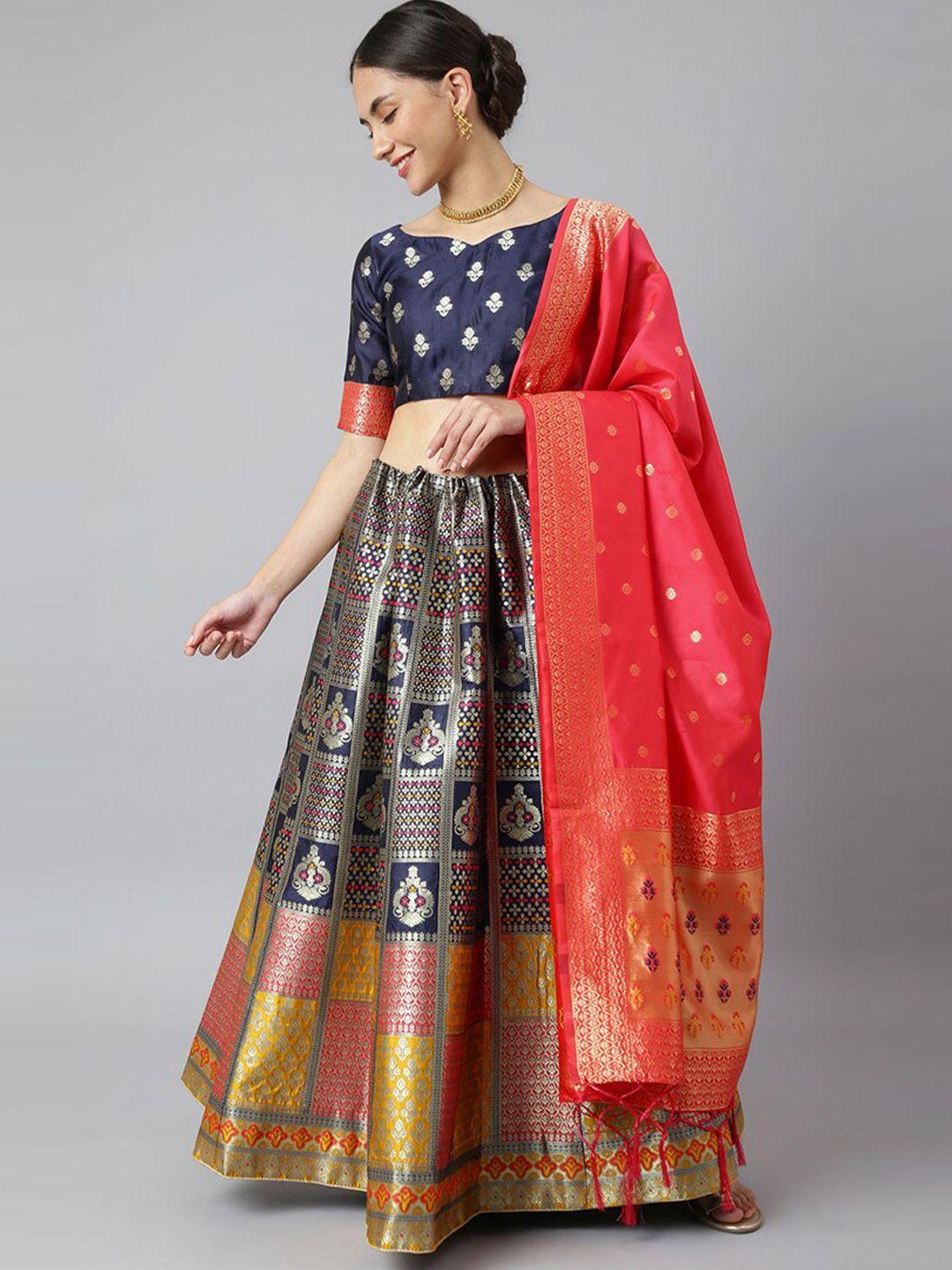 cbazaar women blue & pink woven design unstitched lehenga & blouse with dupatta