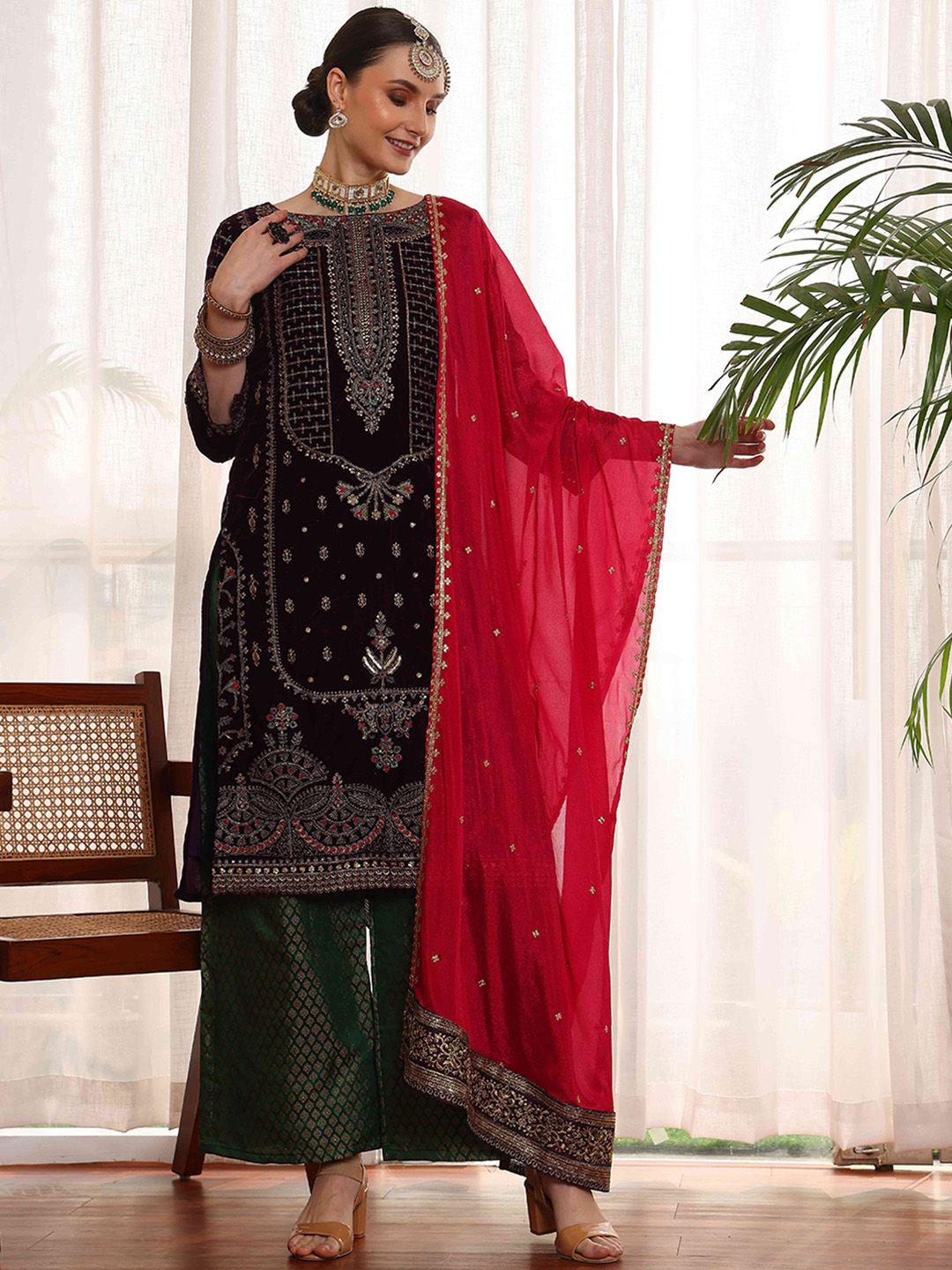 cbazaar women ethnic motifs embroidered regular beads and stones velvet kurta with palazzos & with dupatta