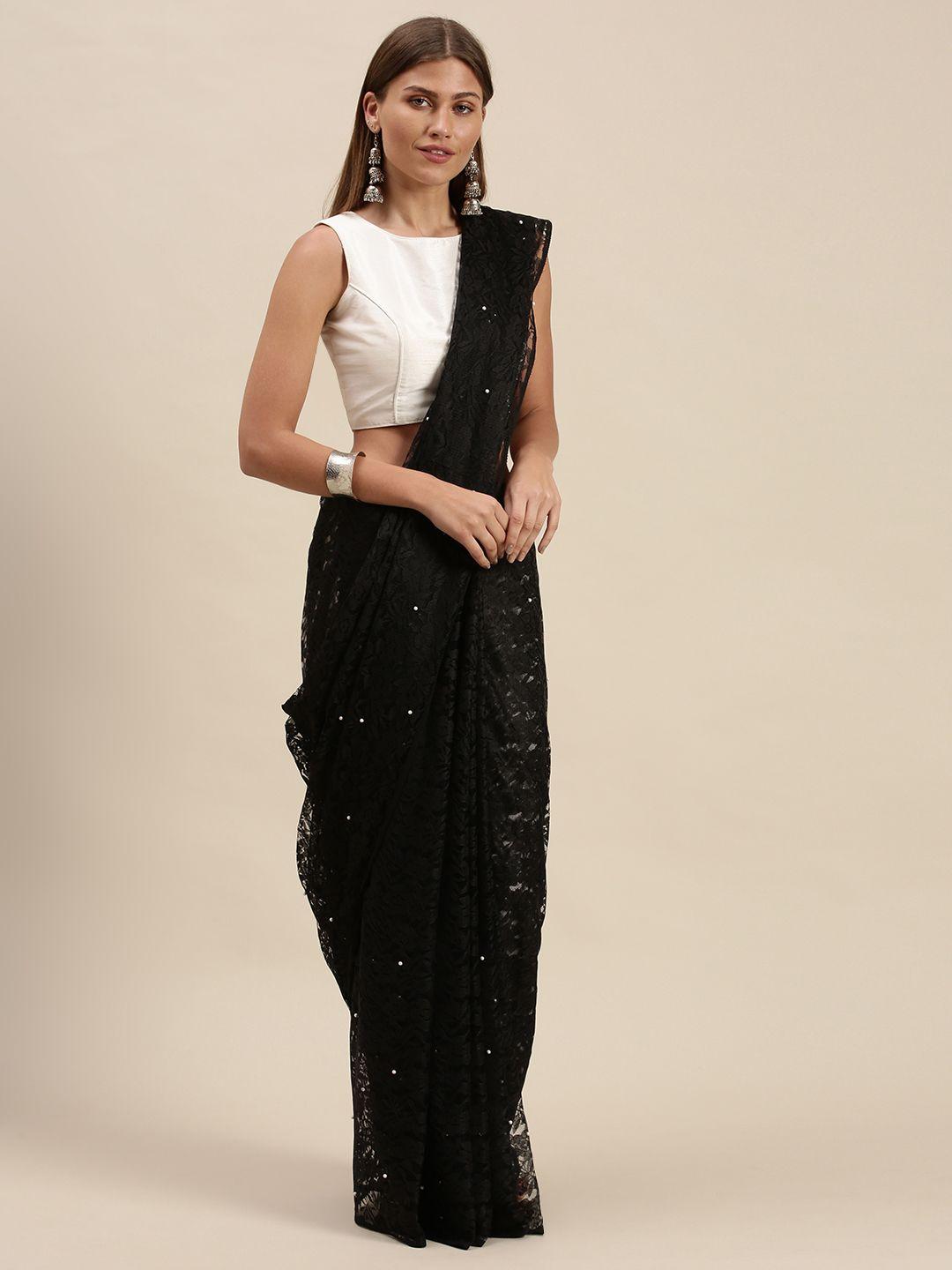 cbazaar black floral beads and stones art silk saree