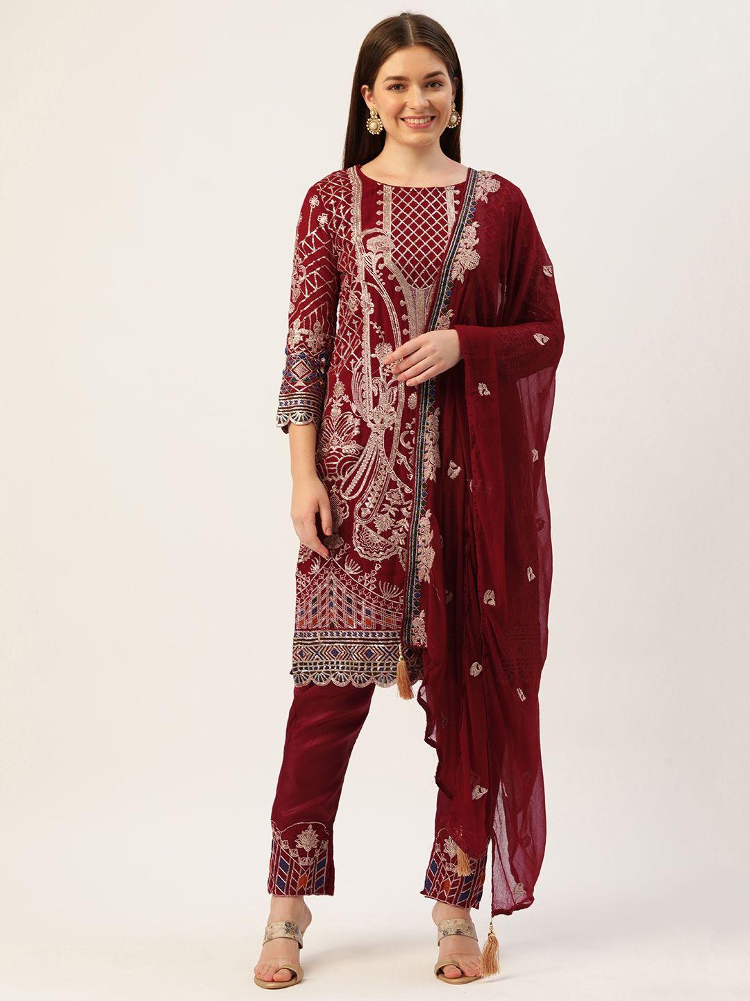 cbazaar maroon & golden embroidered unstitched dress material