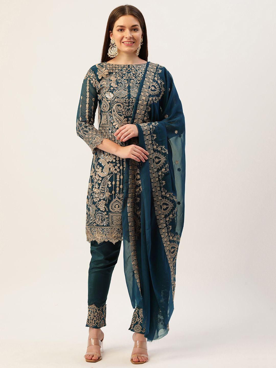 cbazaar teal & golden embroidered unstitched dress material