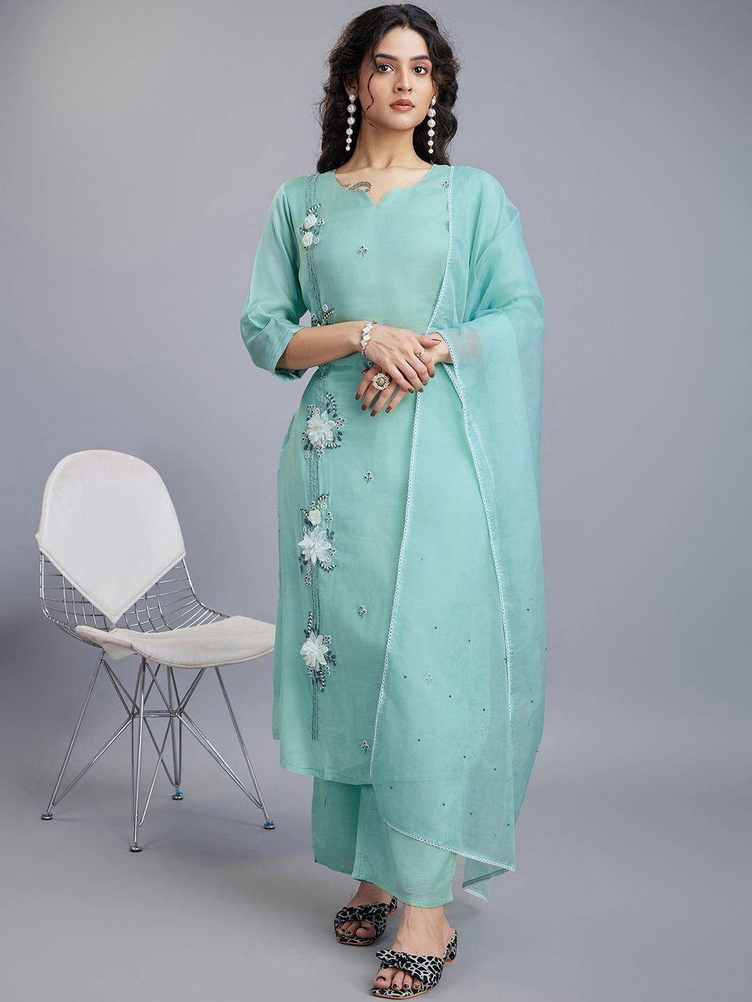 cbazaar women embroidered regular beads and stones kurta with trousers & with dupatta