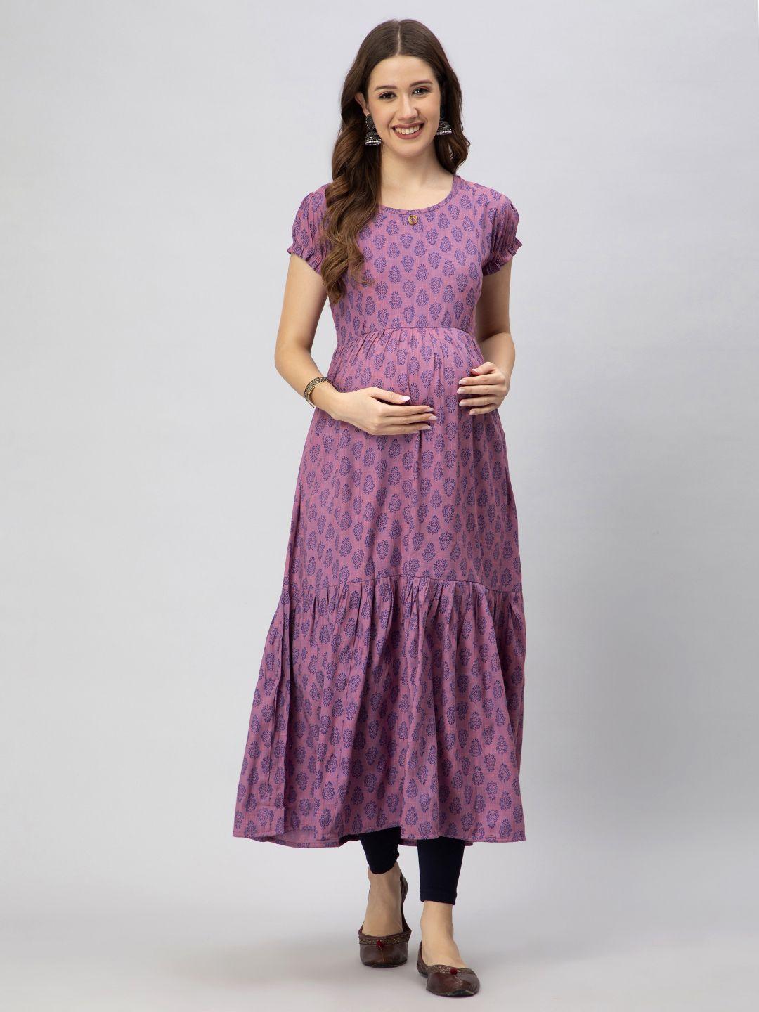 cee-18 ethnic motifs print puff sleeves cotton fit & flare maxi maternity ethnic dress