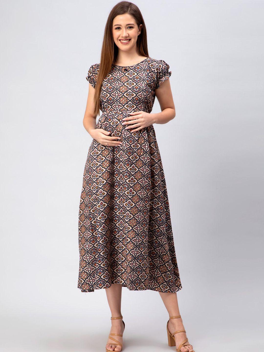 cee-18 geometric printed puff sleeves a-line midi-length maternity ethnic dress