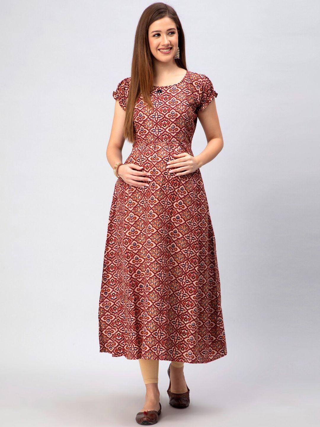 cee-18 geometric printed puff sleeves a-line midi-length maternity ethnic dress