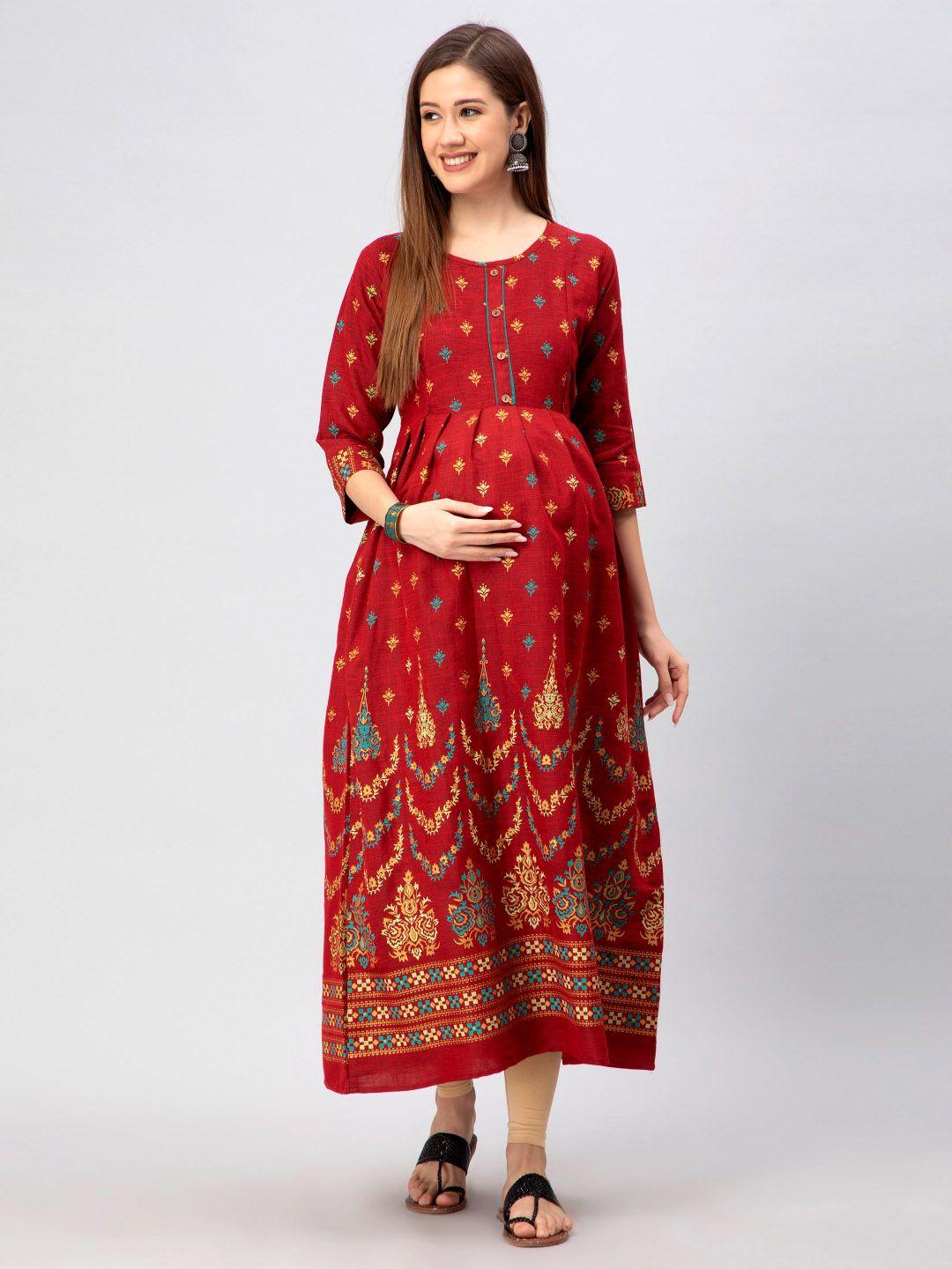 cee-18 red printed pure cotton maternity ethnic dress