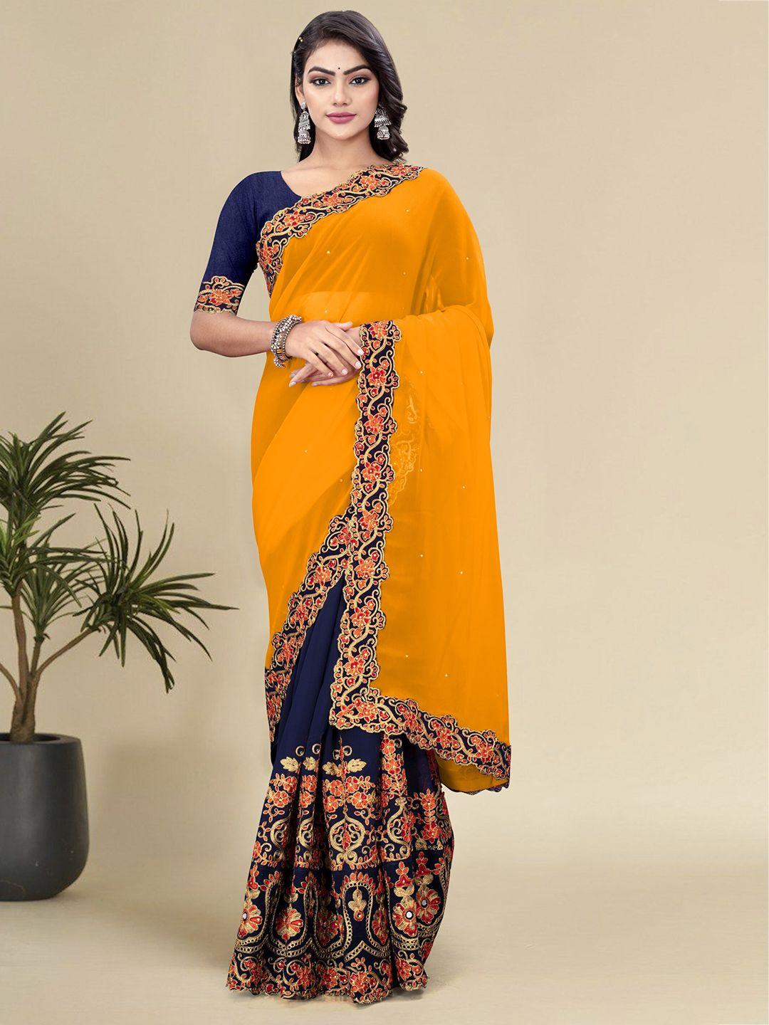celeb styles floral embroidered pure georgette half and half saree