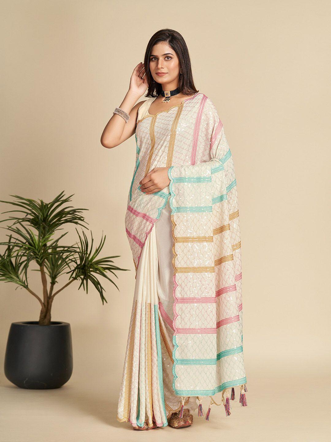 celeb styles cream-coloured sequinned silk blend designer saree