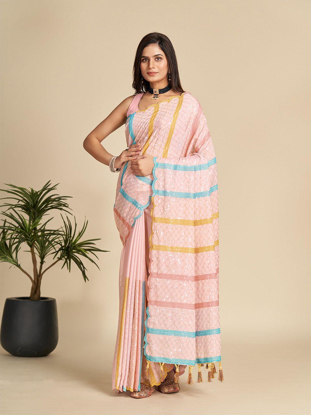 celeb styles peach-coloured sequinned silk blend designer saree