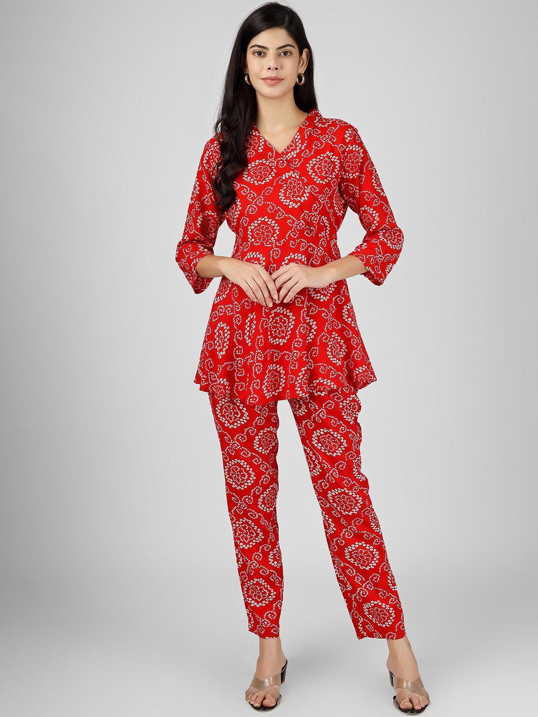 celebravo bandhani printed v-neck three-quarter sleeve co ords set