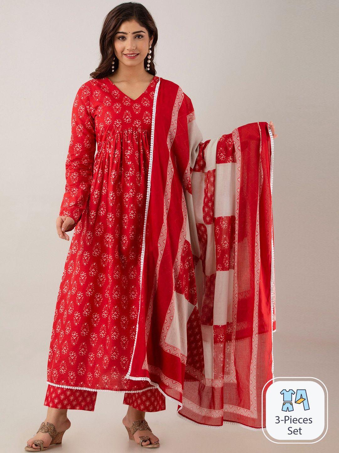 celebravo ethnic motif printed regular pure cotton kurta with trousers & dupatta