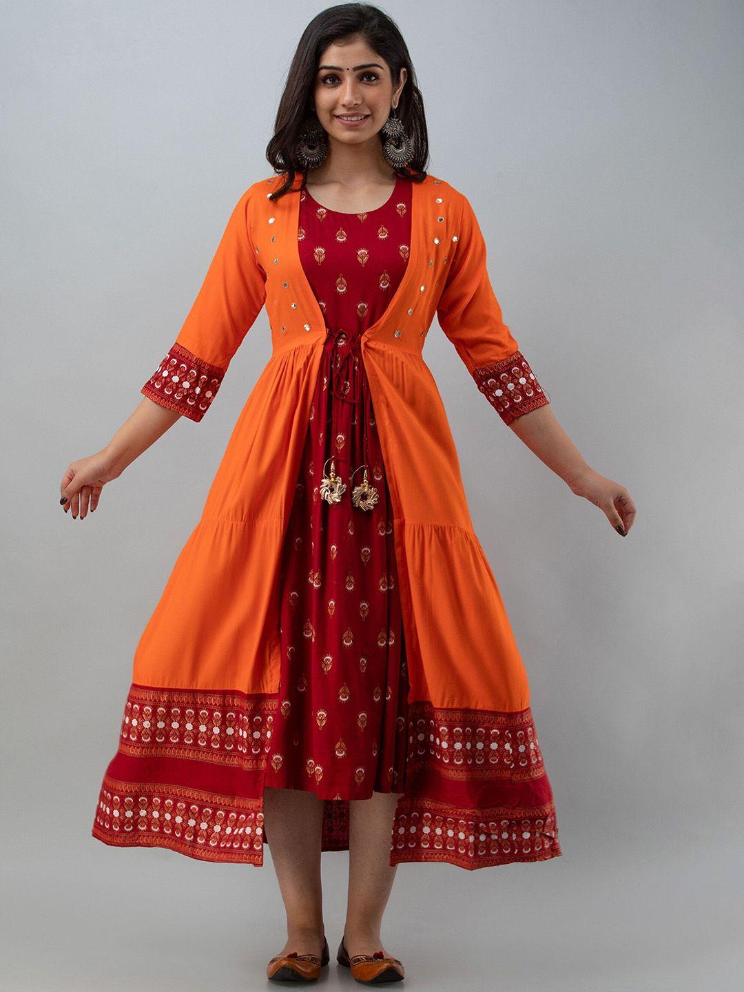 celebravo ethnic motifs printed gathered a-line ethnic dress with shrug