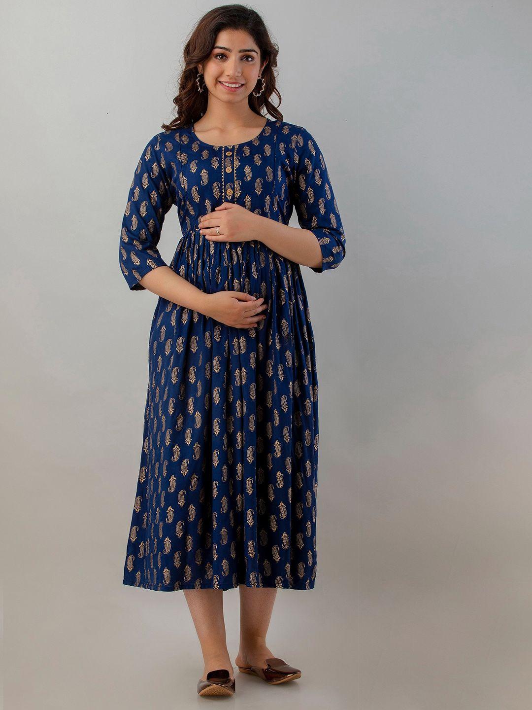 celebravo ethnic motifs printed gathered maternity fit & flare ethnic dress