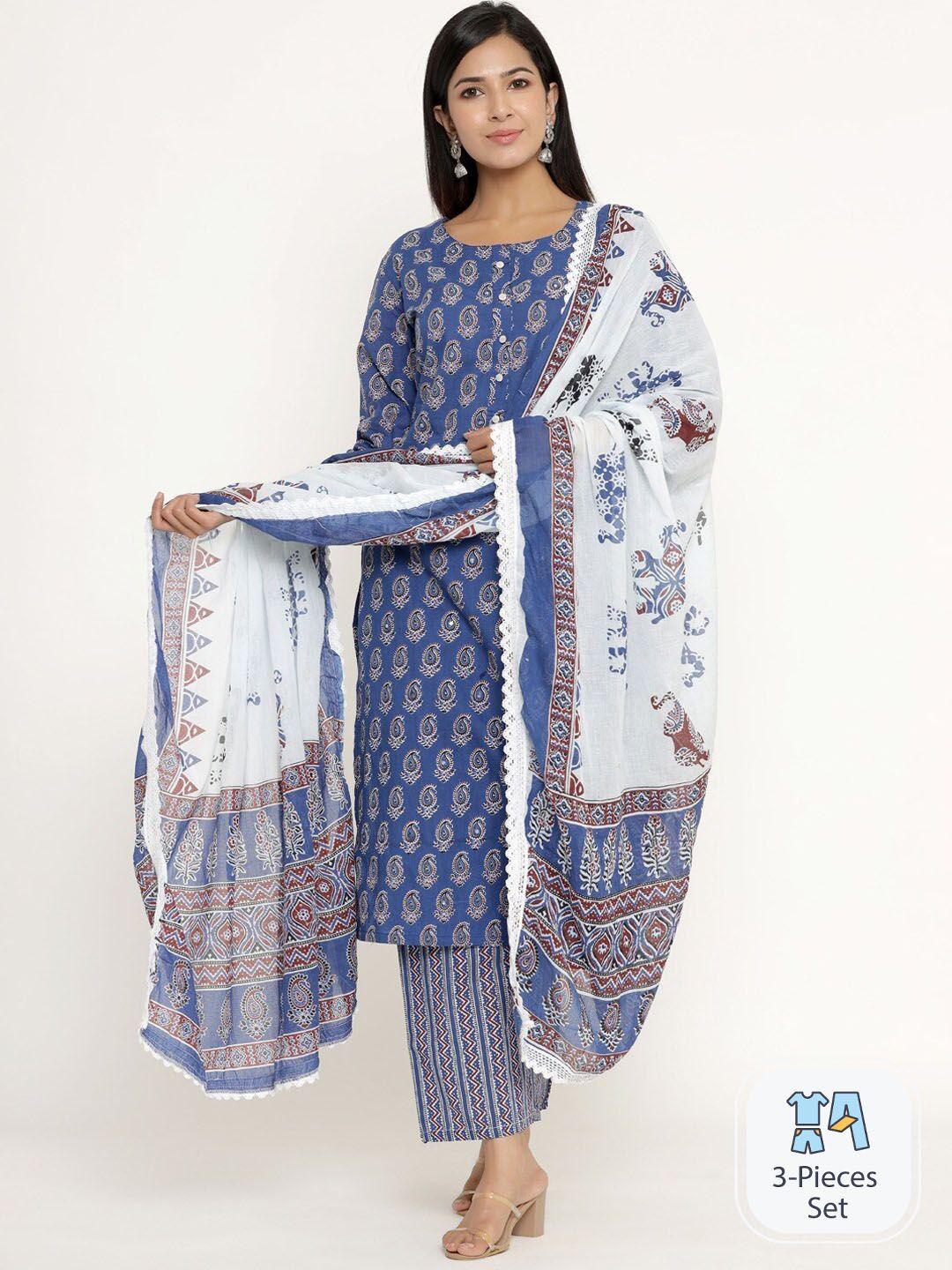 celebravo ethnic motifs printed pure cotton straight kurta with trousers & dupatta